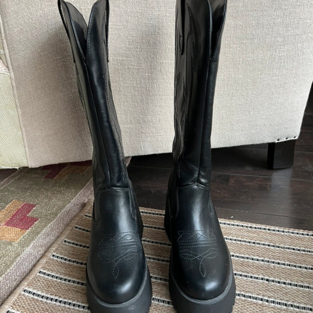 Shein embroidered wedge heel thick-sole below knee boots